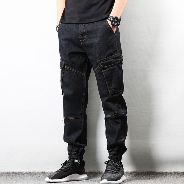 

2021 new japanese style fashion vintage designer black big pocket denim cargo pants hombre streetwear hip hop joggers jeans men 6lbl, Blue