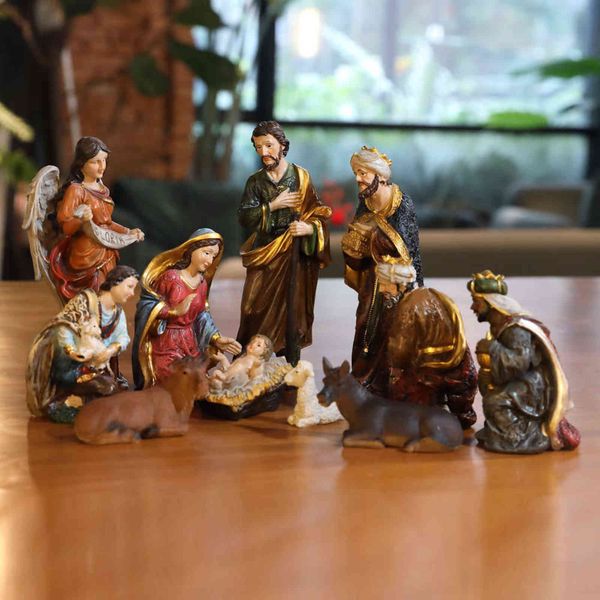 Zayton Estátua Natividade Cena Set Bebê Jesus Banger Christmas CRIB Figurine Miniatures Ornament Church Church Gift Decoração 211118