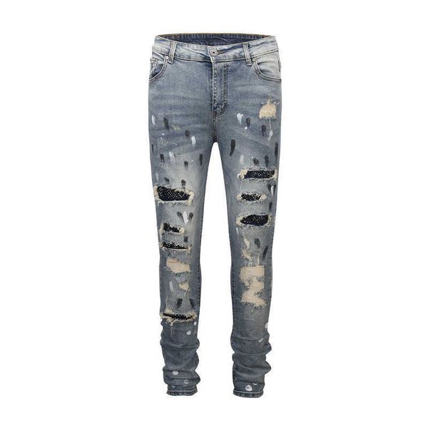

men's jeans wash hole patchwork drill jeans, Blue