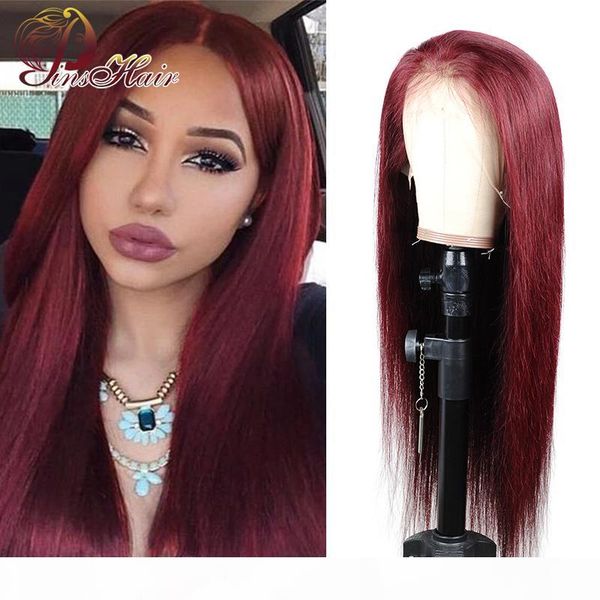 

pinshair 13*1 red 99j lace part wig human hair brazilian straight lace front human hair wigs 150% density pre plucked remy wigs, Black;brown