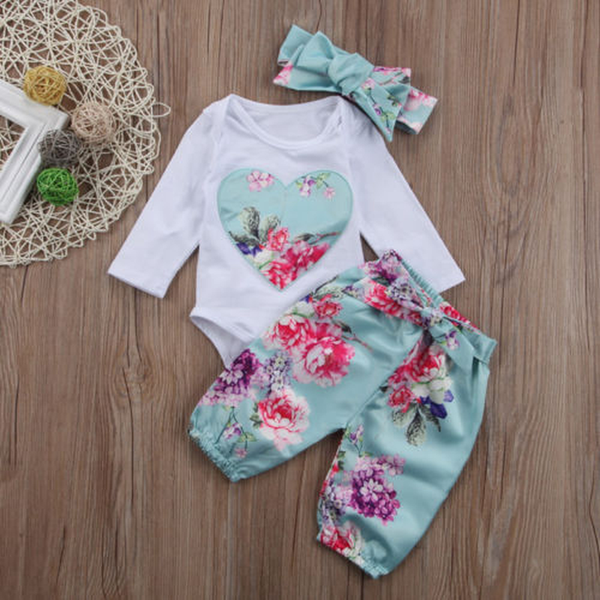 

newborn kid baby girl clothes set floral long sleeve jumpsuit 3pcs print pants +headwear outfit set clothes, White