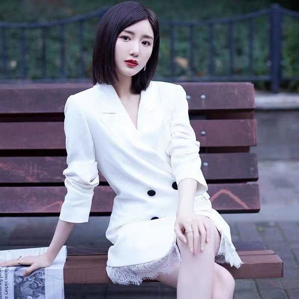 

2021 early spring new women lace thin solid color belt double-breasted female suit bohs, Black;gray