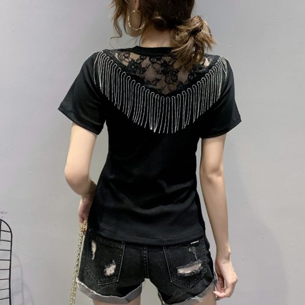 

2021 new summer european clothes t-shirt fashion hollow out patchwork lace tassels women ropa mujer shirt cotton tees t06419 d5j9, White