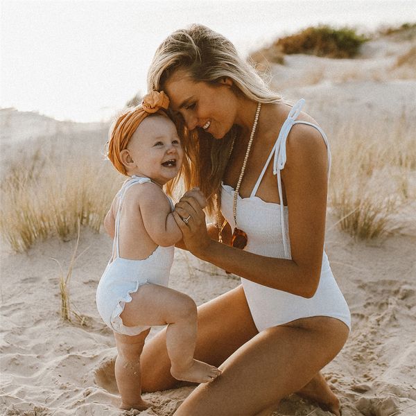 

bikini 2020 solid color lace up folds lotus leaf parent-child beach swimwear women one piece swimsuit women biquini bikinis, Black