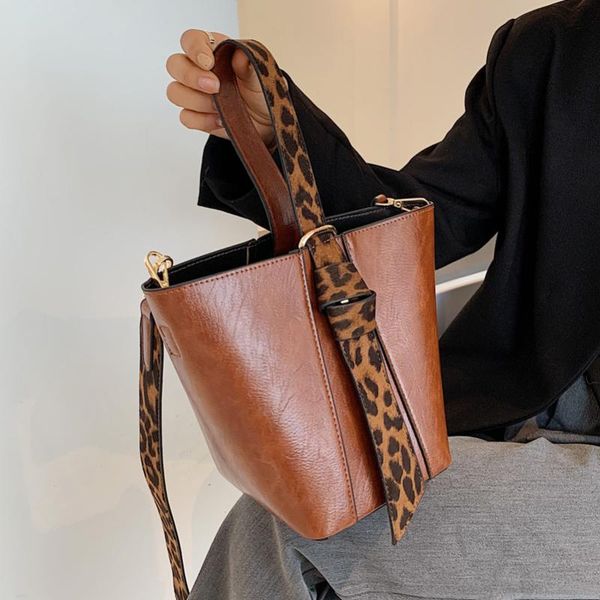 

vintage leopard print women bucket shoulder bag pu leather ladies composite handbag luxury designer female crossbody bags brown