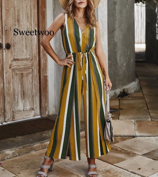 

gym clothing casual women's summer sleeveless v-neck lace-up jumpsuit female stripes printed split straight trousers vestidos, White;black