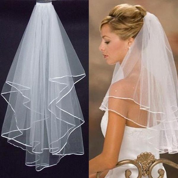 

bridal veils elbow length veil for with comb 2 layers white tulle ribbon edge wedding accessories w325, Black