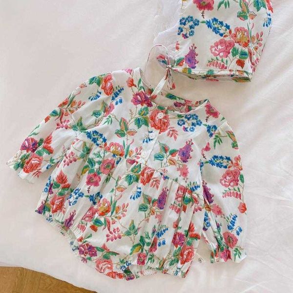 

born baby floral romper girls korea long sleeve rompres with hat autumn infant cotton sleepsuit clothes 210615, Blue