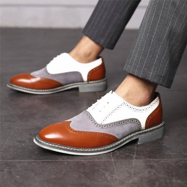 

dress shoes men pu leather patchwork lace up carved formal shoe pointed toe mixed color office business fashion wedding, Black