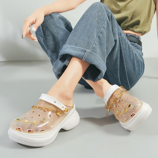 

yang mi's same hole sho transparent thick soled raised cool slippers for women's style external wear, Black