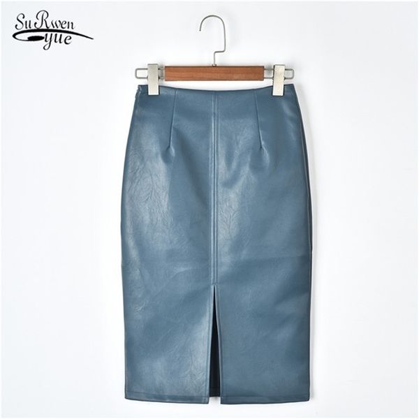 

solid split plus size skirts korean pu leather skirts women high waist straight midi skirts spring midi skirt women 10091 210311, Black