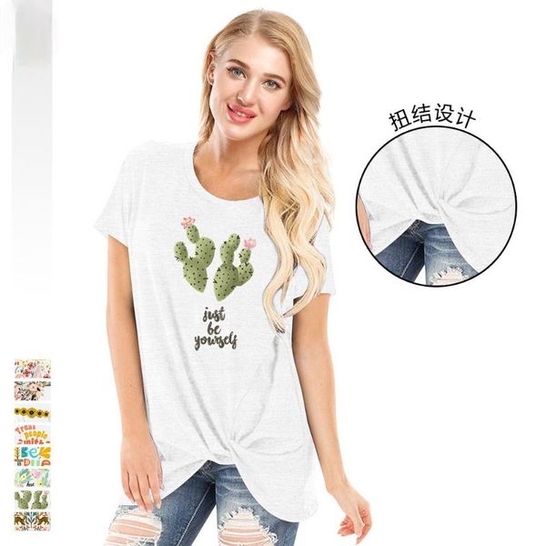 

women's t-shirt 2021 amazon's cactus heat transfer fashion twisted round neck short sleeve casual loose all-match top, White