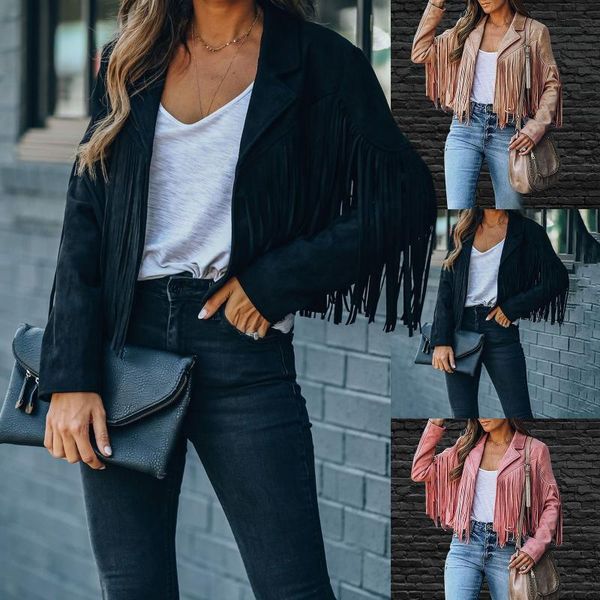 

women's jackets faux leather jacket motorcycle lapel handsome fall 2021 ladies solid fringed short coat women black coats, Black;brown