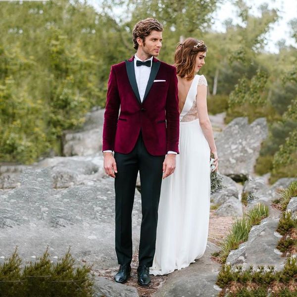 

men's suits & blazers men wedding 2021 burgundy wine red velvet black peaked lapel tuxedo suit slim fit formal man custom blazer, White;black