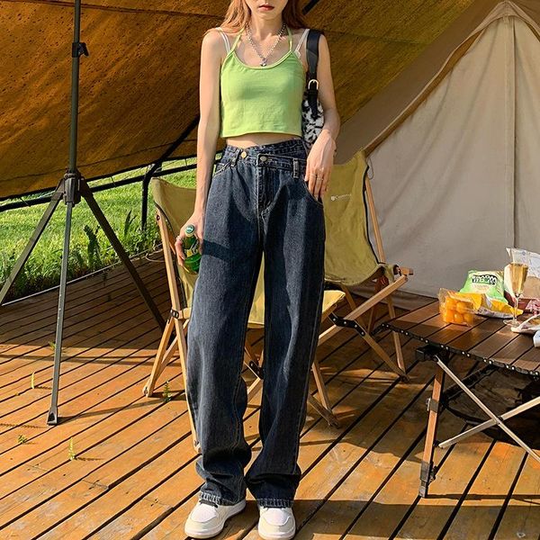 

women's jeans chic jean style korean straight loose vintage irregular waist button all-match girlfriend wide leg denim pants, Blue