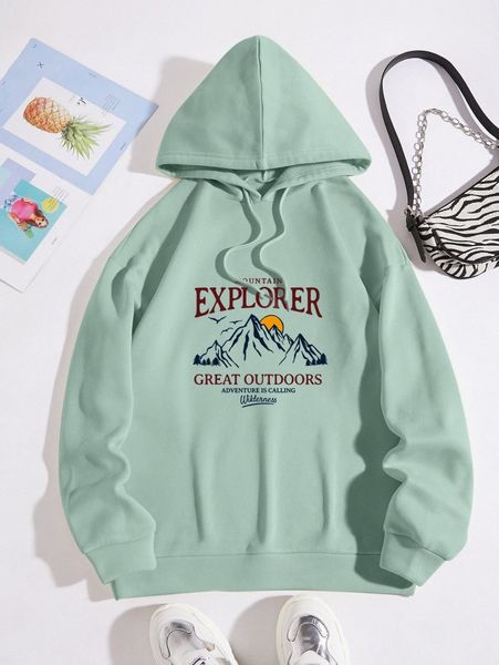 

mountain & slogan graphic drawstring thermal hoodie i9tg#, White;black