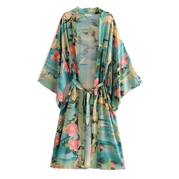 Böhmischer V-Ausschnitt Kran Lotus Blume drucken Langes Kimono-Hemd Ethnische Schnürung mit Schärpen Lange Strickjacke Lose Bluse Tops 210304