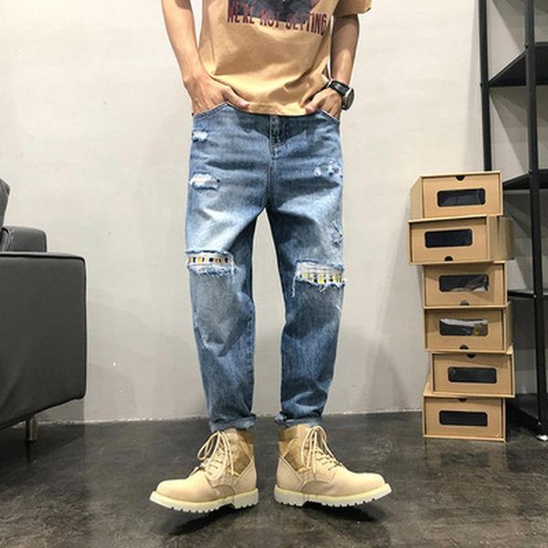 

men's jeans 2021 spring and summer fashion ripped loose ankle pants straight casual denim trousers, Blue