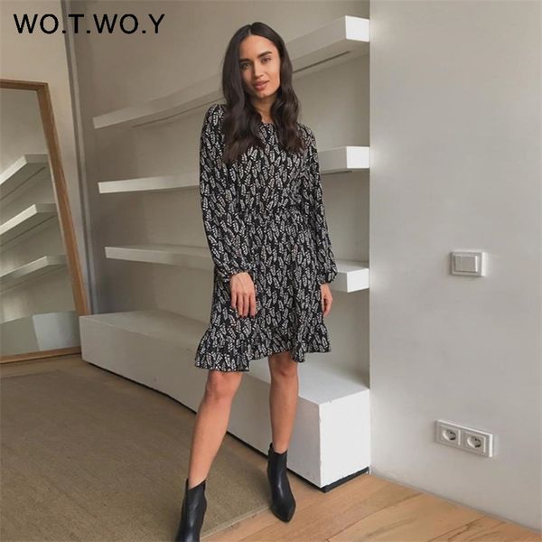 

wotwoy high waist long sleeve printed dresses women back zipper a-line knee-length ruffles dress female o-neck casual dress lady 210309, Black;gray