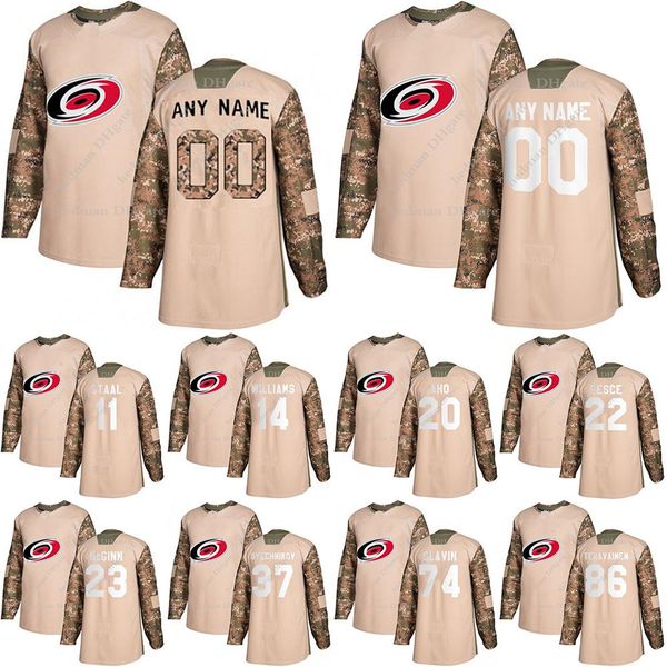 

season carolina hurricanes camo veterans day practice jerseys 20 aho 86 teravainen 23 brock mcginn custom any number any name hockey jersey, Black;red