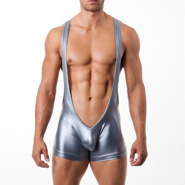 

Exotic Gay Bodysuits Catsuit PU Leather Undershirt Wrestling Singlet One Piece Sexy Jumpsuit Latex Suspender Undershirt Clubwear, Gold