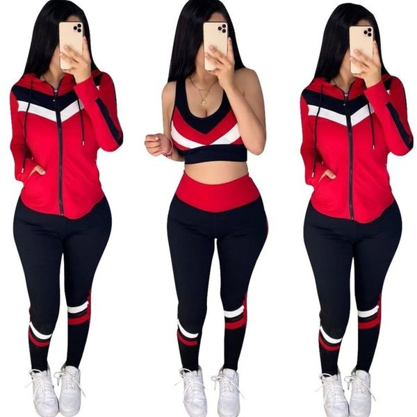

women tracksuit long sleeve hooded coat jackets patchwork vest tshirt crop pants casual sports suit three pieces set s-xl 21021801, White