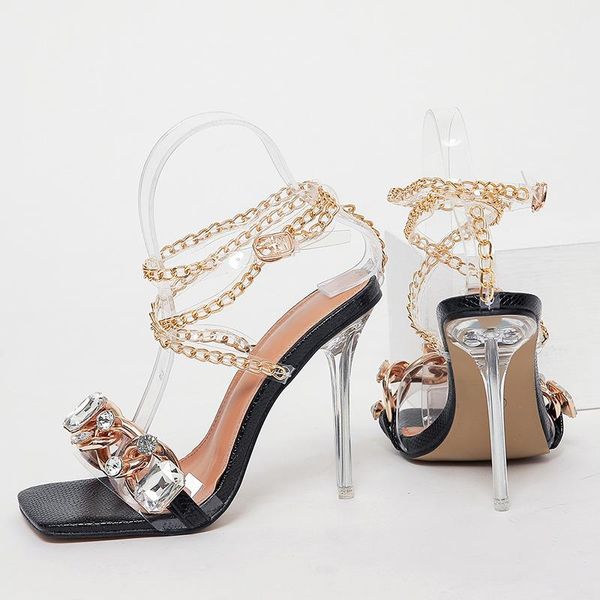 

sandals fashion square toe rhinestone metal chain one word buckle transparent stiletto high heel women, Black