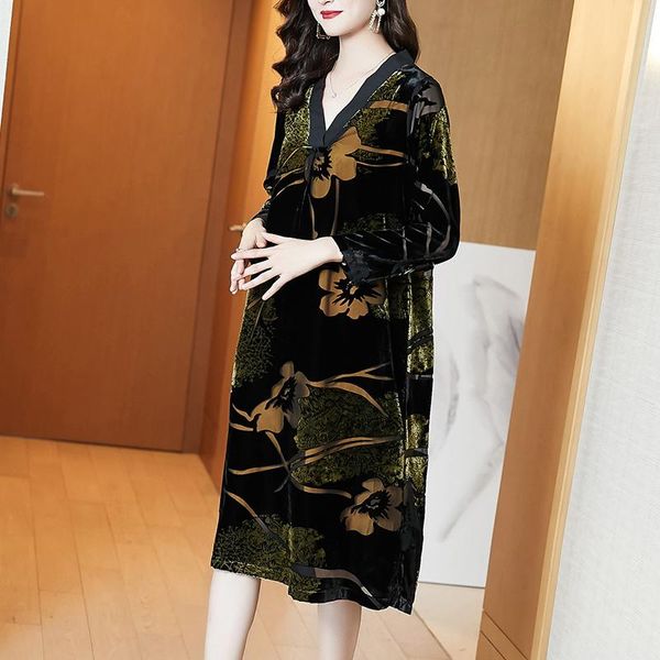 

casual dresses coigarsam women long dress autumn 2022 office lady full sleeve patchwork loose straight v-neck design and color, Black;gray