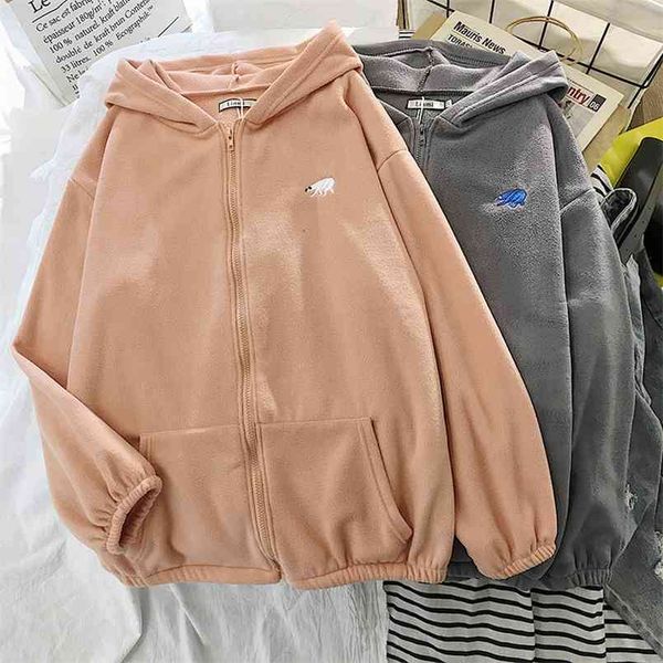 

plus velvet thick hoodies jacket autumn winter korean fashion loose lamb imitation plush zipper sweatshirt women hoodie 210813, Black