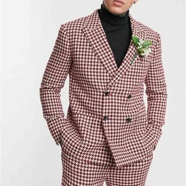 

men's suits & blazers dress man red houndstooth suits for men wedding tuxedo fashion hombre blazer 's suit two pieces b9s0, White;black