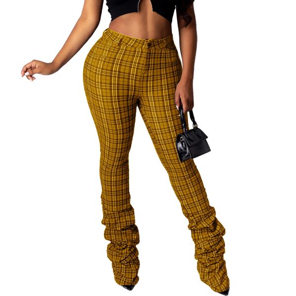 

plaid trousers for women autumn casual trousers womens personality high waist pleated feet long pants, Gray
