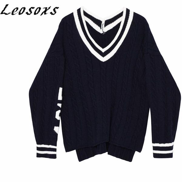 

leosoxs korean loose lazy v-neck long sleeve sweater pullover soft warm letters design women sweaters pullovers 2021 winter new, White;black