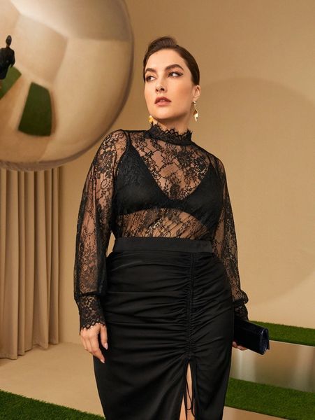 

plus mock neck floral lace j9hl#, Black