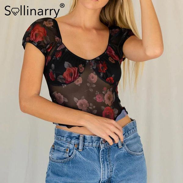 

women's t-shirt sollinary dark rose print black mesh t-shirts women vintage nightclub slim short summer high street puff sleeve bar, White