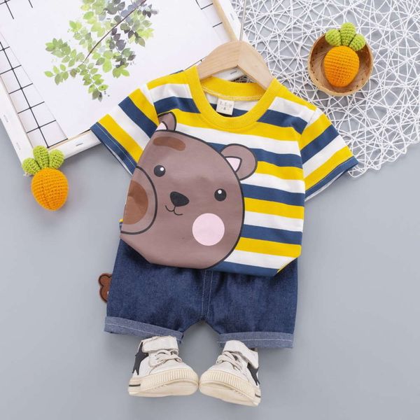 

summer boys' and girls' short sleeve set infant stripe cotton t-shirt two piece for children, White