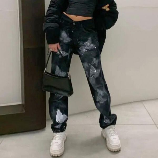 

women's jeans weiyao tie dye butterfly print women low waist straight pants casual baggy y2k streetwear boyfriend cargo denim trousers, Blue