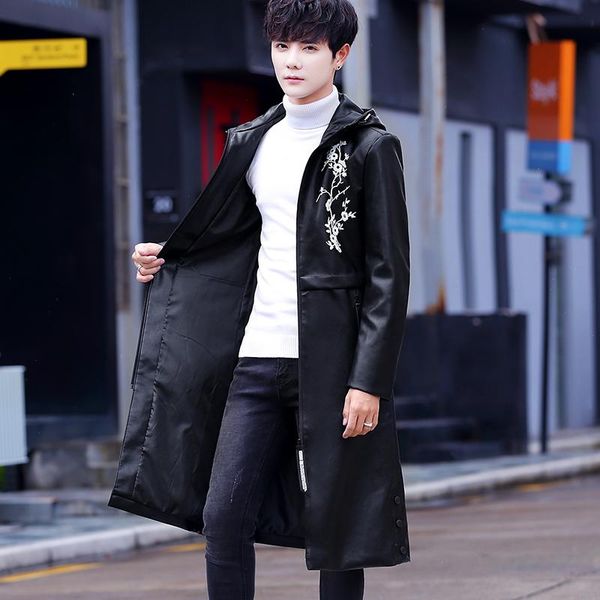

men's leather & faux coat trench in 2021 handsome trend autumn and winter decoration body fashion stand collar, Black