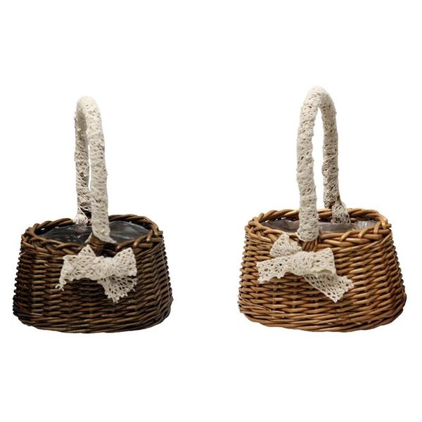 

storage baskets 2 pcs hand-woven small flower with lace handles coffee color & log