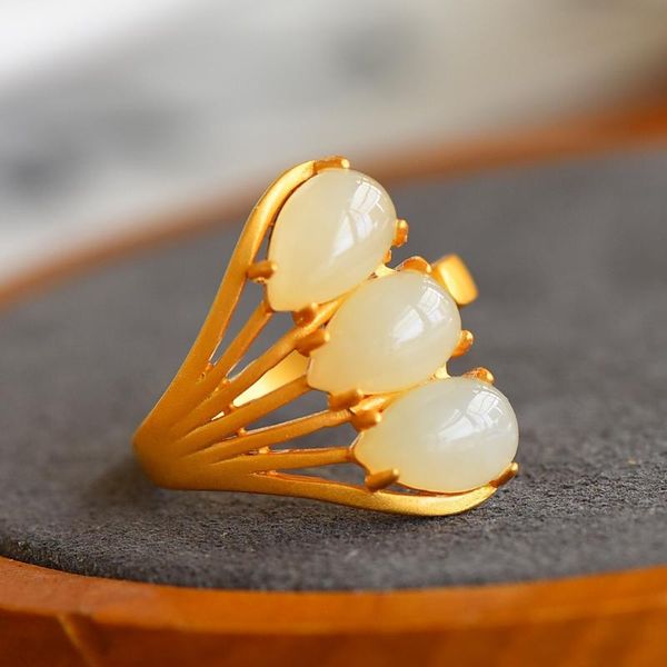 

cluster rings natural 925 sterling silver gilded inlaid hetian jade resizable for women engagement, Golden;silver