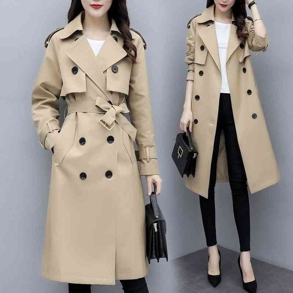 

khaki windbreaker women's middle long 2021 spring and autumn new double row button temperament british fashion coat, Black