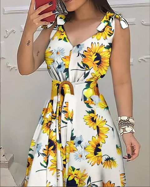 

casual dresses sunflower print lace up dress women 2021 summer, Black;gray