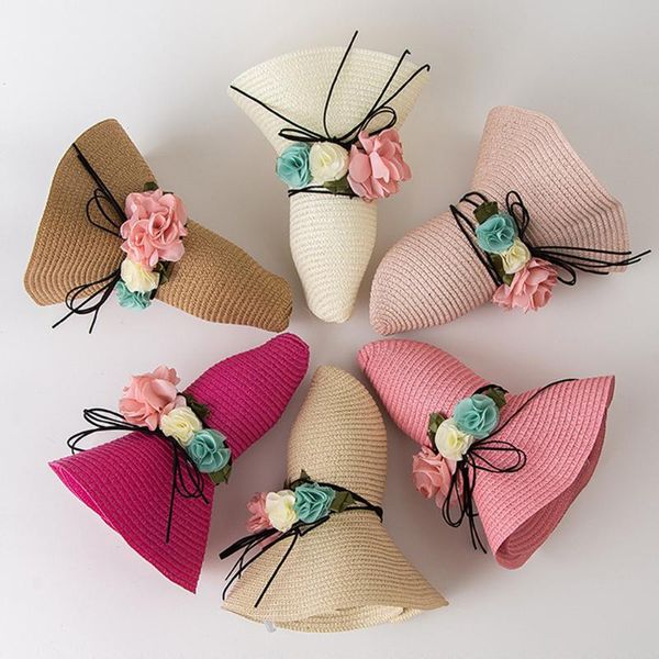 

ladies wide straw foldable travel flower sun hat summer beach caps, Black;white