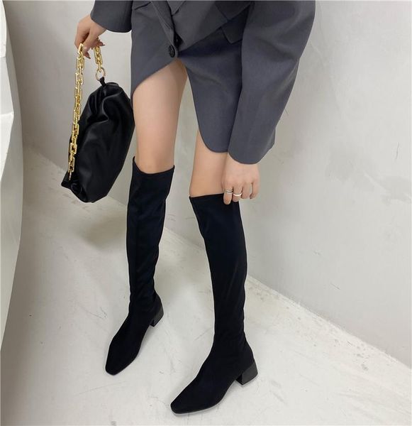 

boots fashion women knee high round toe thick mid heels knight slip on sock stretch elastic black plus size 42