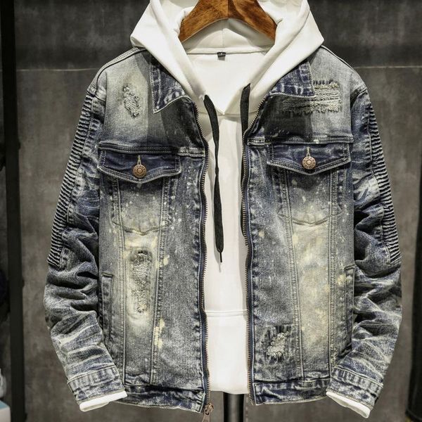 

men's jackets 2021 fall/winter denim jacket tide brand wrinkled frayed motorcycle, Black;brown