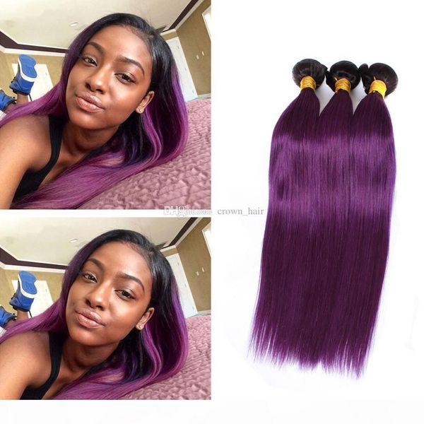 

dark root two tone brazilian human hair bundles #1b purple straight human hair extensions ombre purplr hair weaves double wefted, Black