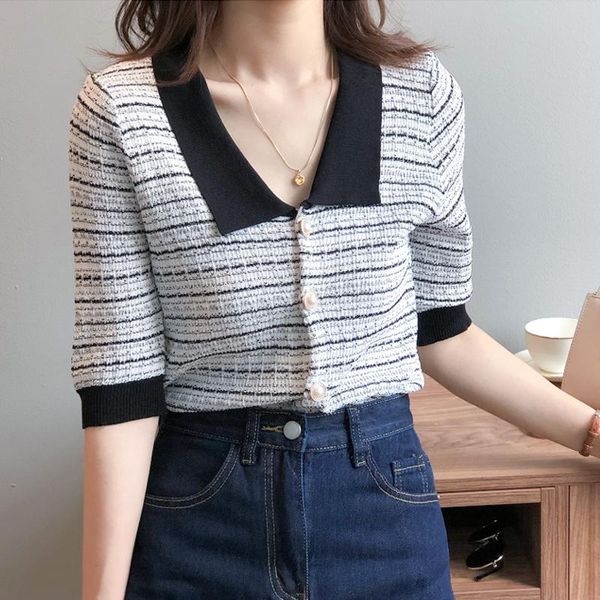 

women's t-shirt short-sleeved sweater women 2021 summer french style retro slim striped western ice silk thin, White