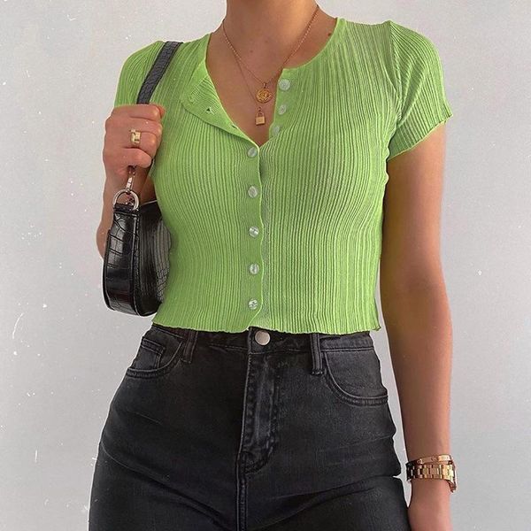 

women's t-shirt o neck ruffles short sleeve t shirt women summer casual button up crop basic green white