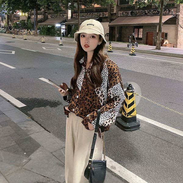 

new womens shirt leopard blouses print long sleeve t-shirt korean loose mid-length blouses for women cardigan autumn woman top, White