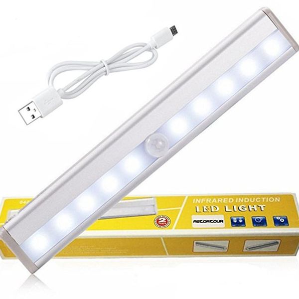 

usb rechargeable 10 led under cabinet light pir motion sensor night light for wardrobe cupboard closet stairs kitchen lighting