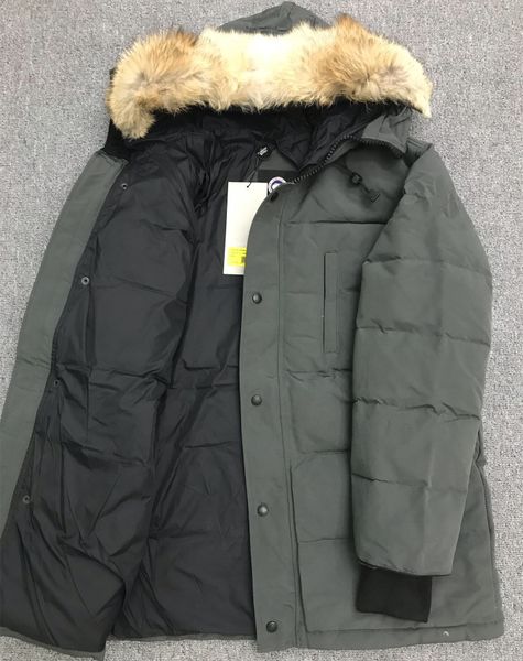 

men down parka fusion fit removable coyote fur hood jacket letter designer women canvas quilted zipper pockets rib sleeve warm outwear, Black